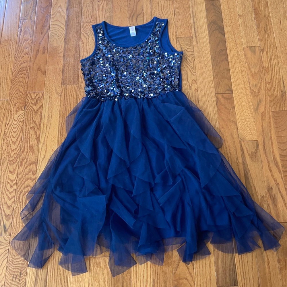 Blue sequins kids dress with flare bottom.